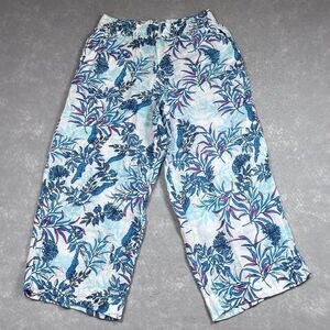 Cynthia Rowley Pants Womens Large Blue Wide Leg Hawaiian Linen Palm Trees Beach